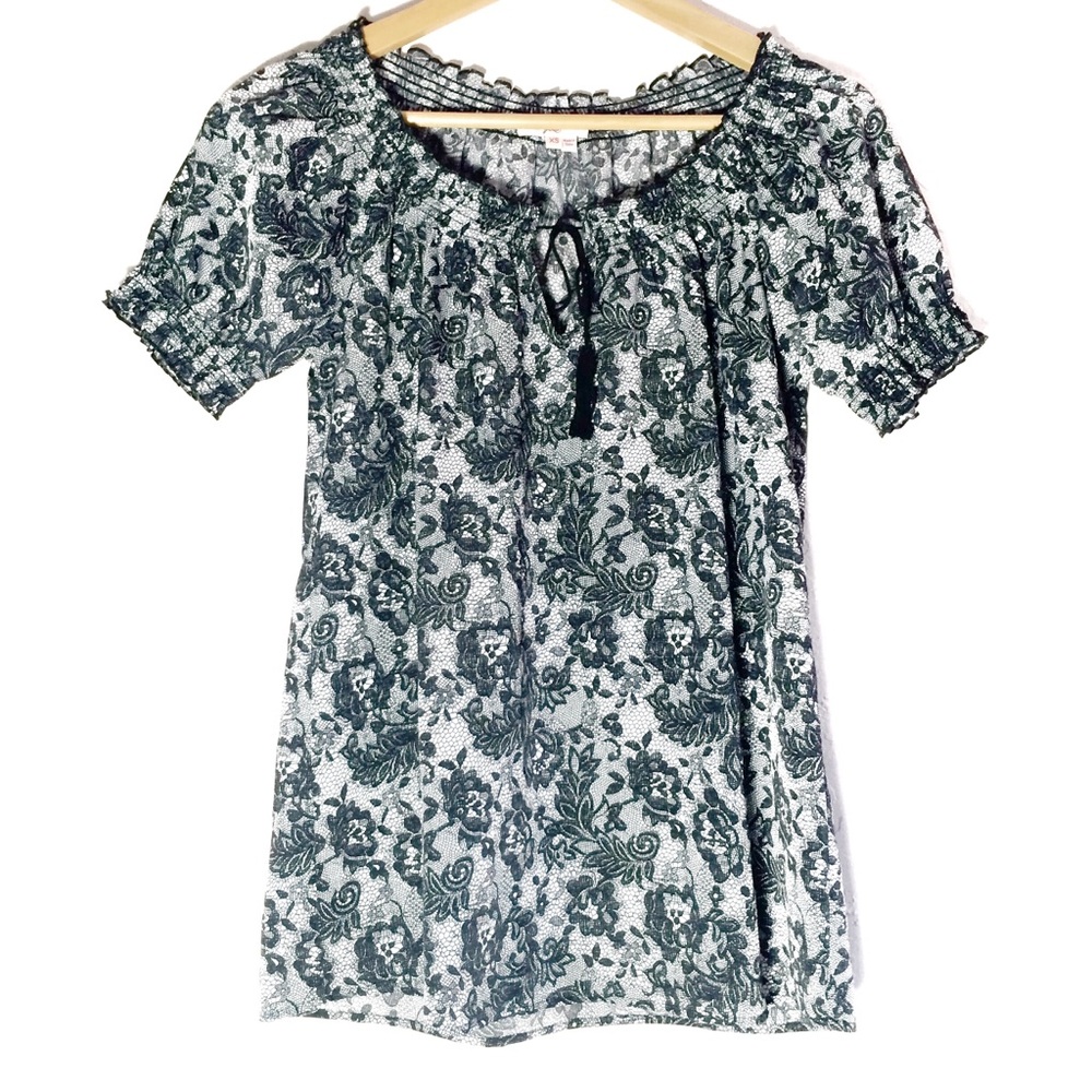 Joie Peasant Blouse Lace Pattern Black Gray Sz XS